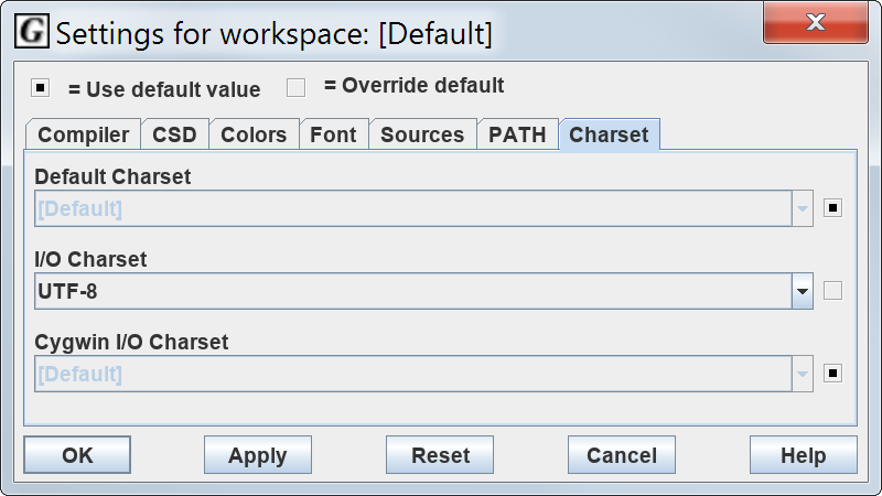 Setting Dialog with UTF-8 Settings for Charset